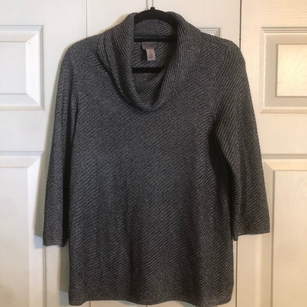 EASYWEAR by CHICO'S 0 Small Metallic Black Silver Cowl Neck Sweater 3/4 Sleeves